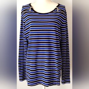 Michael Kors Women Long Sleeve Striped Jersey Top Sweatshirt Silver Zipper Small